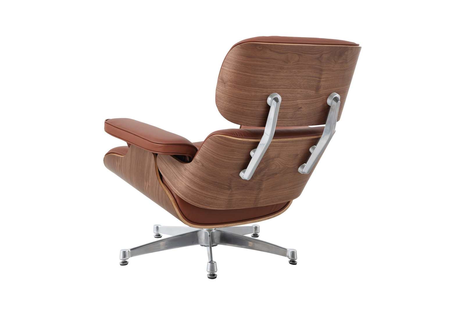 olished chrome five-star base of a tan walnut Eames style lounge chair with smooth swivel.
