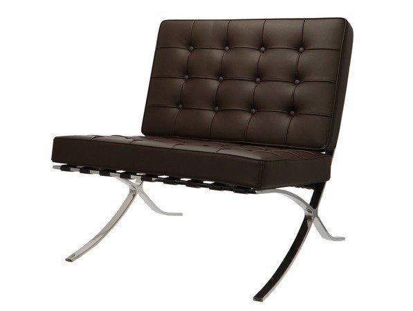 Chocolate Barcelona chair and ottoman reproduction at an angle, Mies van der Rohe and Lilly Reich design.