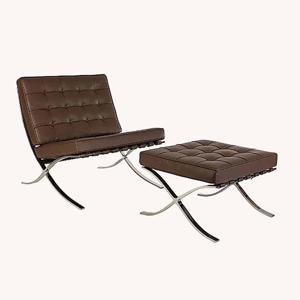 Chocolate Barcelona leather chair and ottoman in tufted leather on a polished steel X-frame, front view.