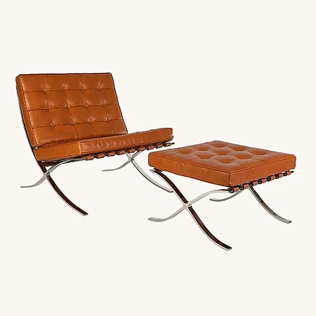 Tan brown Barcelona style chair and ottoman in tufted leather on a polished steel X-frame, front view.