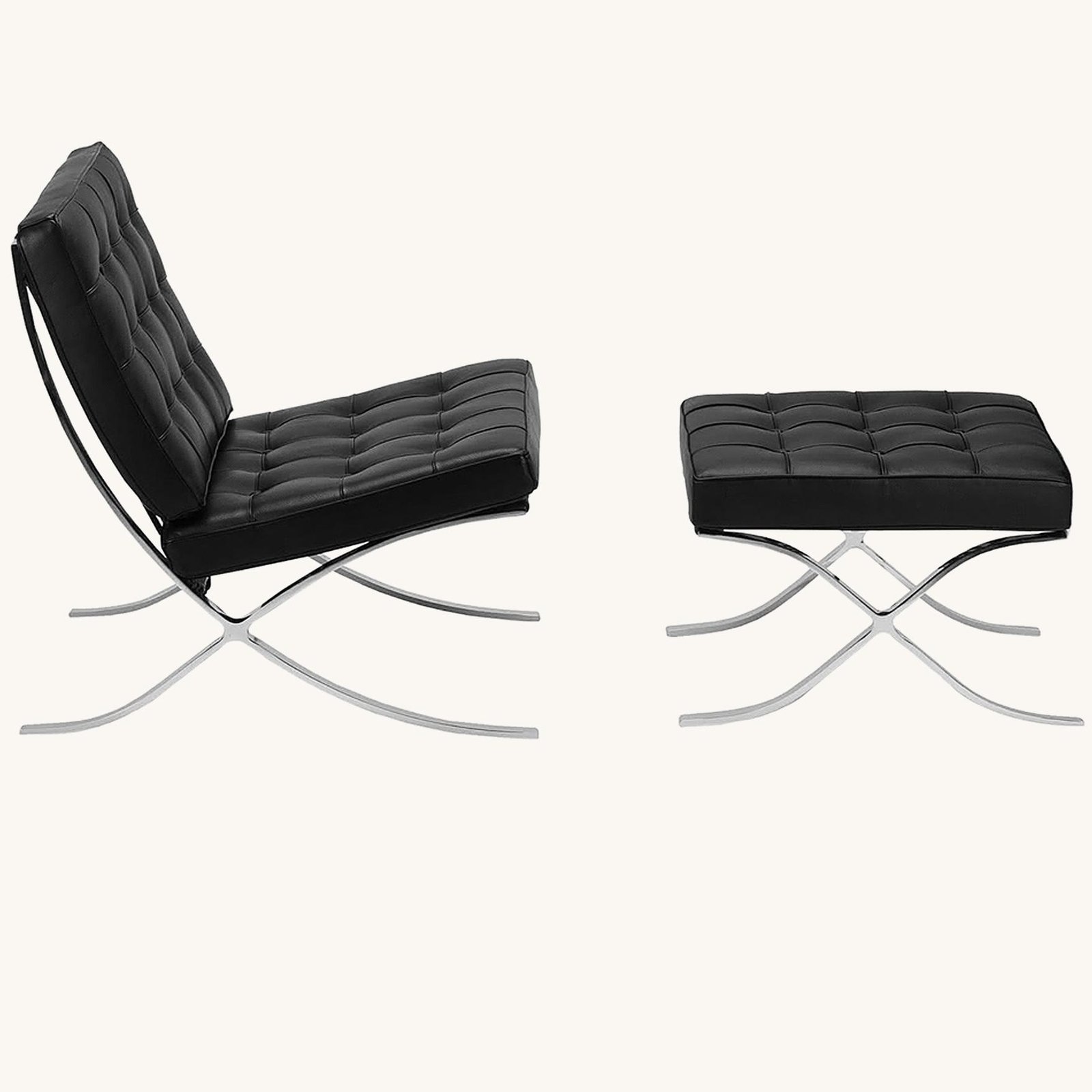 Black Barcelona chair with ottoman in tufted leather on a polished steel X-frame, front view.