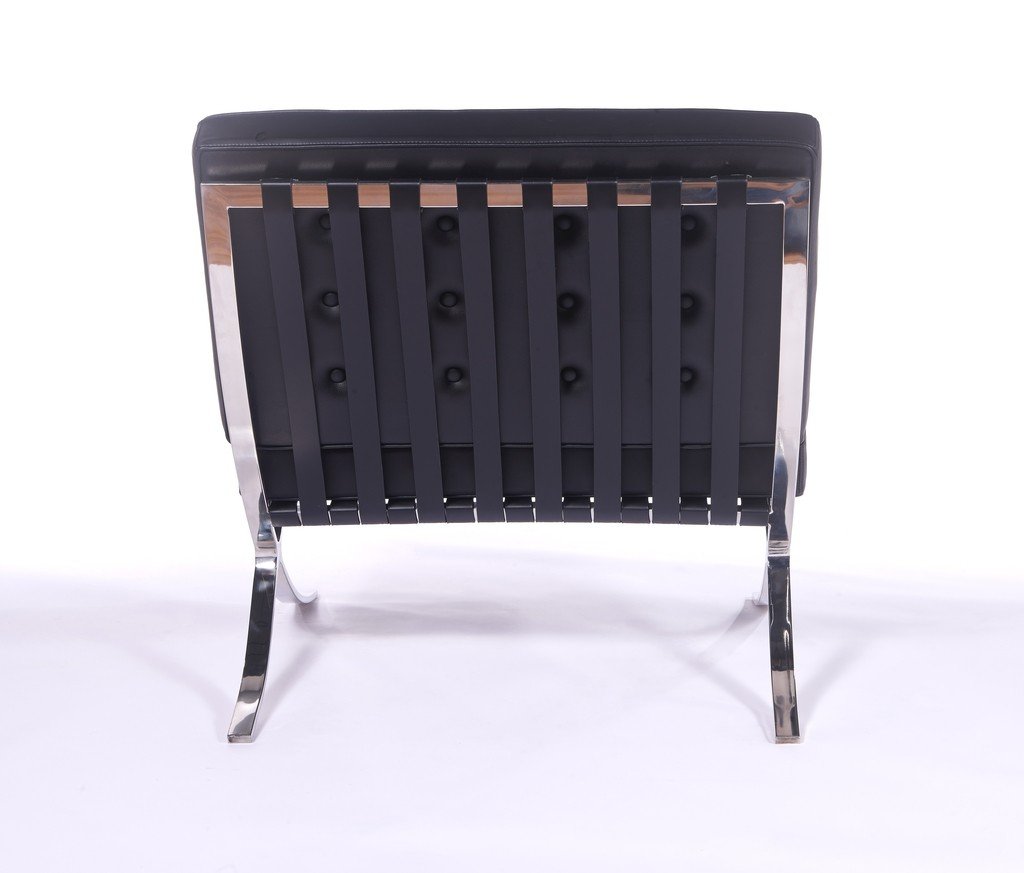 Rear view of a black Barcelona style chair, single leather back panel on the X-frame.