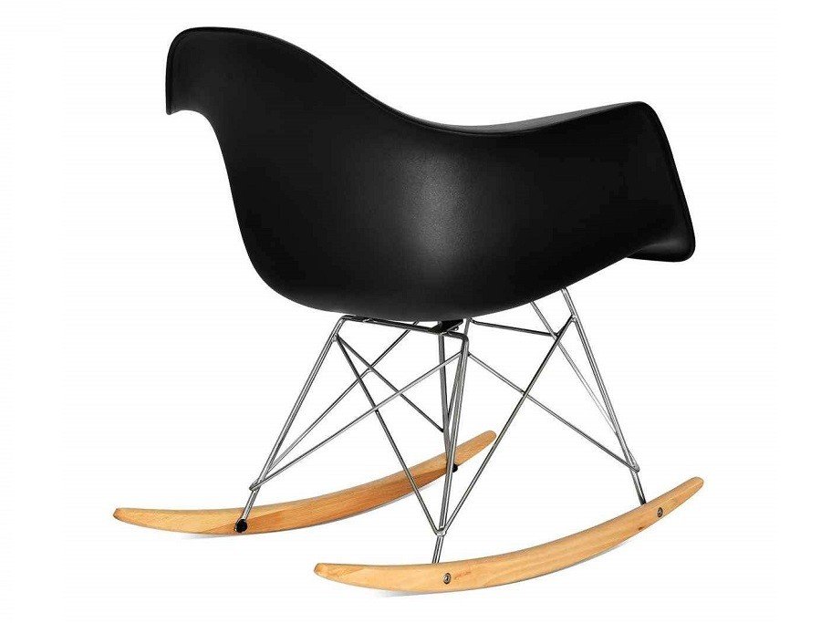 Back view of the black Eames rocking chair replica showing the molded shell