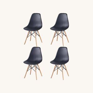 Black Eiffel dining chairs, set of 4, moulded shells on beech dowel legs, front view.