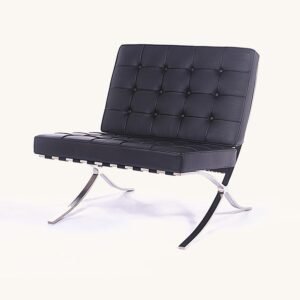Black leather Barcelona chair with deep-buttoned tufting on a polished steel X-frame, front view.