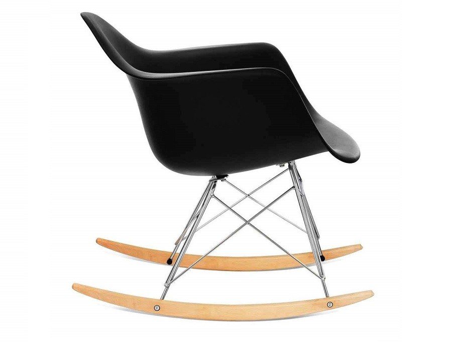 Close-up of the black molded shell on the Eames style rocking chair