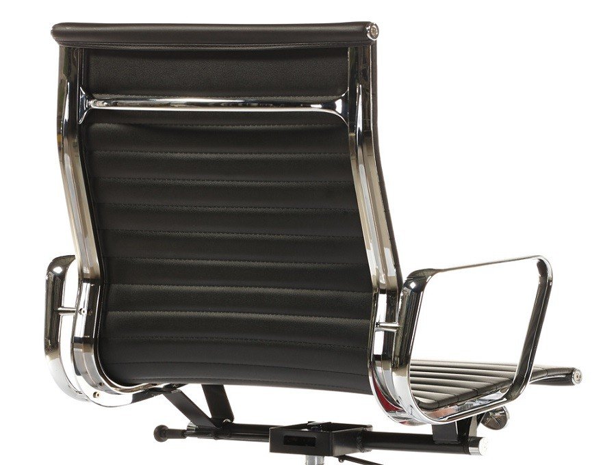 Close-up of the slim ribbed leather on a black office chair, stitched horizontal channels.