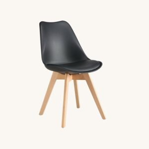 Black tulip dining chair with solid beech legs set of 2, front view.