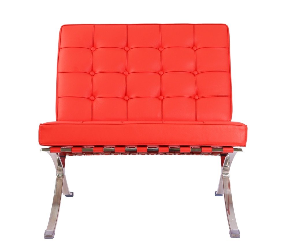 Bold red Barcelona chair on its own, deep-buttoned leather on a polished steel X-frame.