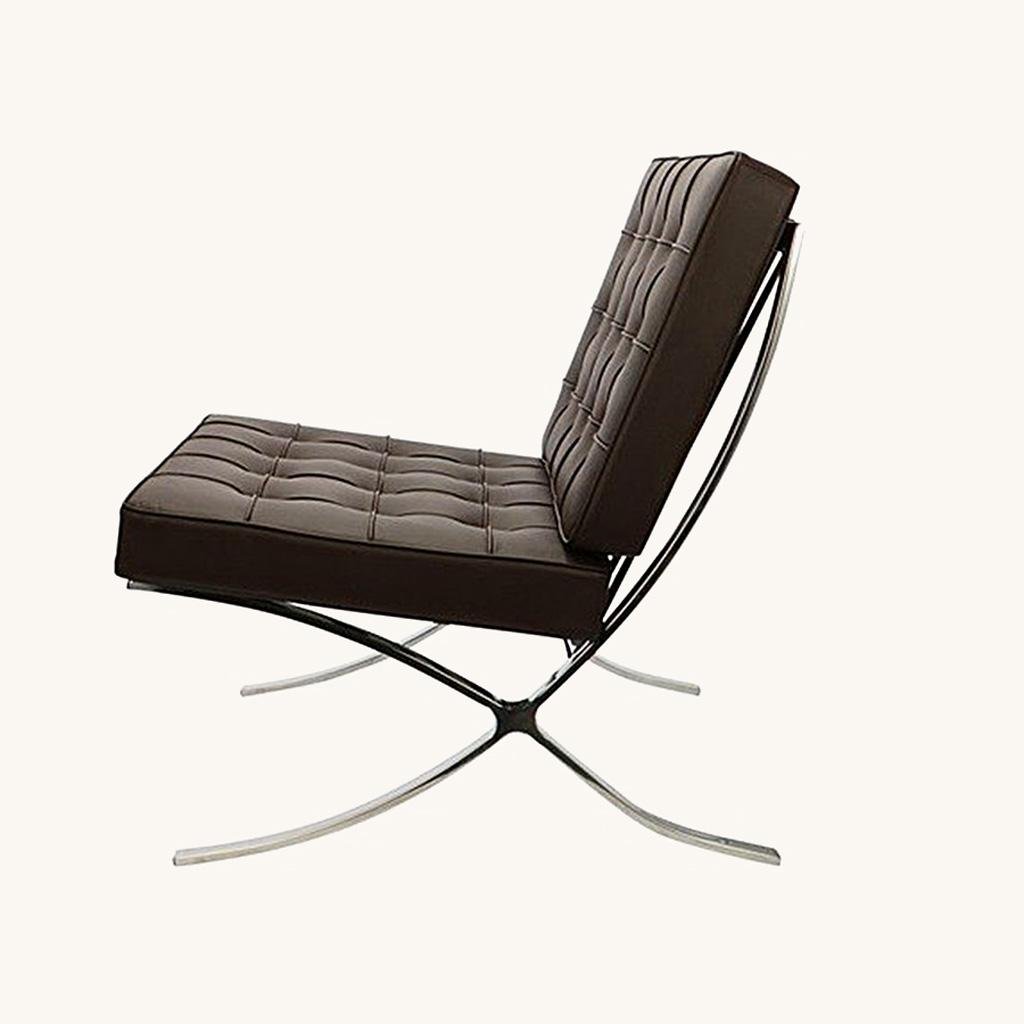 Brown Barcelona chair replica at an angle, Mies van der Rohe and Lilly Reich design.