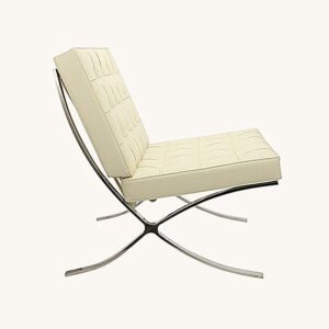 Cream leather Barcelona chair with deep-buttoned tufting on a polished steel X-frame, front view.