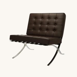 Dark brown leather Barcelona chair with deep-buttoned tufting on a polished steel X-frame, front angle view.