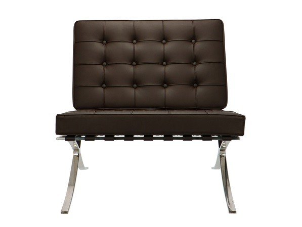 Dark brown leather Barcelona chair on its own, deep-buttoned quilting on a polished steel X-frame.