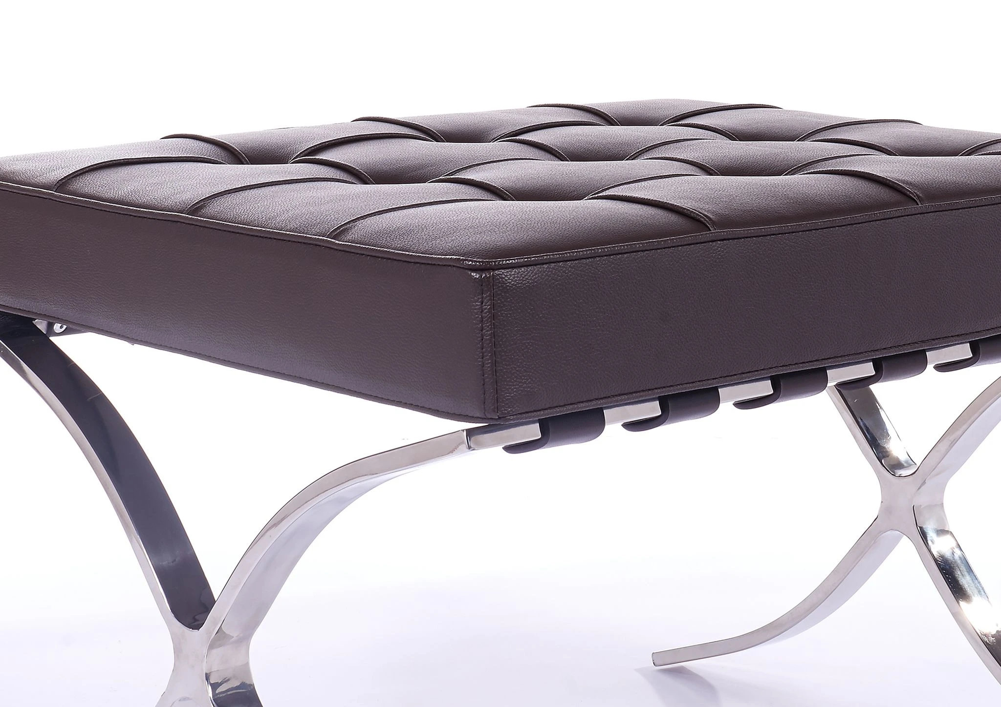 Matching deep brown Barcelona ottoman with a single tufted leather cushion on a polished steel X-base.
