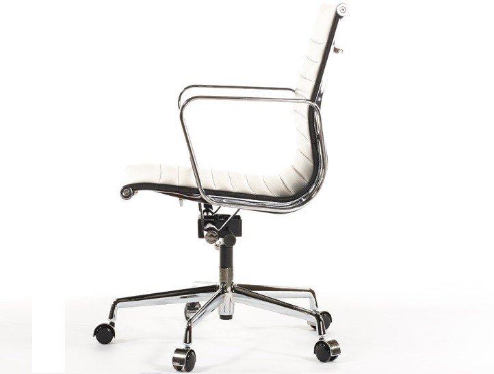 Chrome five-star base and castors of a black EA117 office chair with gas-lift.