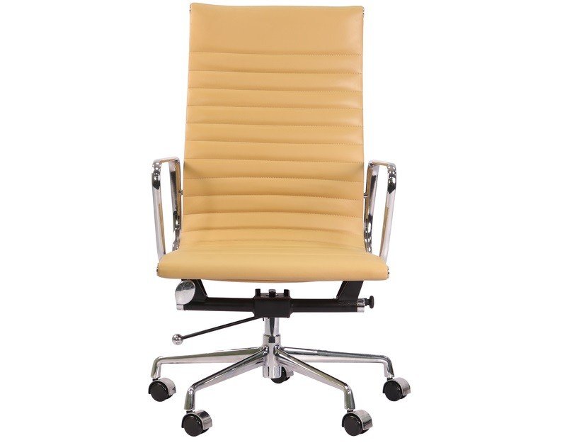 Close-up of the tall ribbed camel leather on an EA119 office chair, stitched channels.