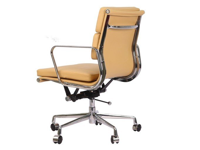 EA217 soft pad chair in camel seen from the side, low-back leather panels on chrome.