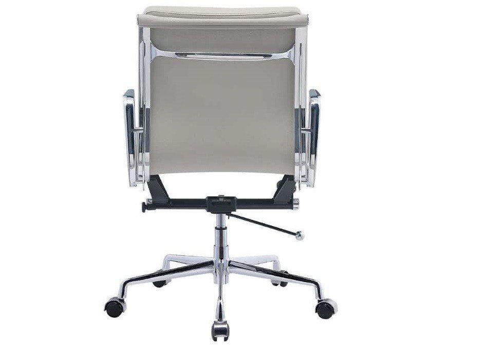Polished chrome armrest of a light grey EA217 soft pad chair, curved aluminium arm.