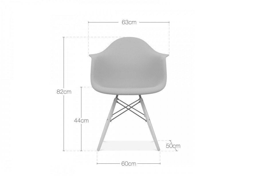 Dimensions of the Eames DAW Eiffel armchair, 63 × 50 × 82 cm, seat height 44 cm.