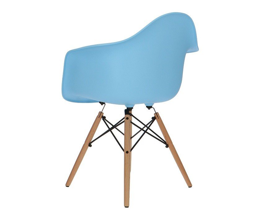 Eames DAW Eiffel chair in light blue seen from the side, curved shell with arms on beech legs.