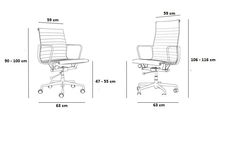 Dimensions of the Eames EA117 ribbed office chair, 59 × 63 × 90–97 cm.