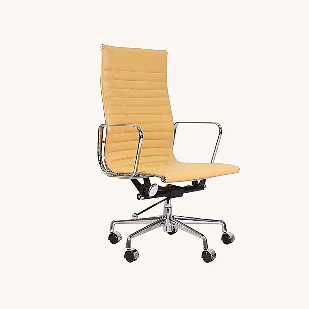 Camel Eames EA119 high back ribbed office chair in thin-pad leather on chrome, front view.