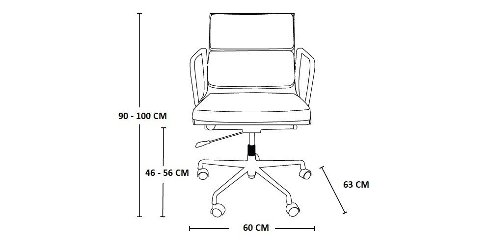 Dimensions diagram of Eames EA217 soft pad low-back office chair replica, 59 cm wide, 63 cm deep.
