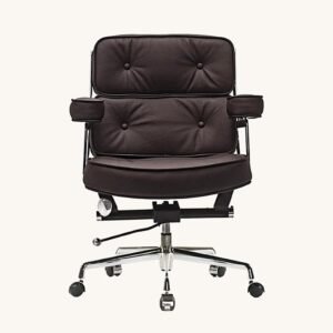Dark brown Eames ES104 chair with three tufted leather cushions on a chrome base, front view.