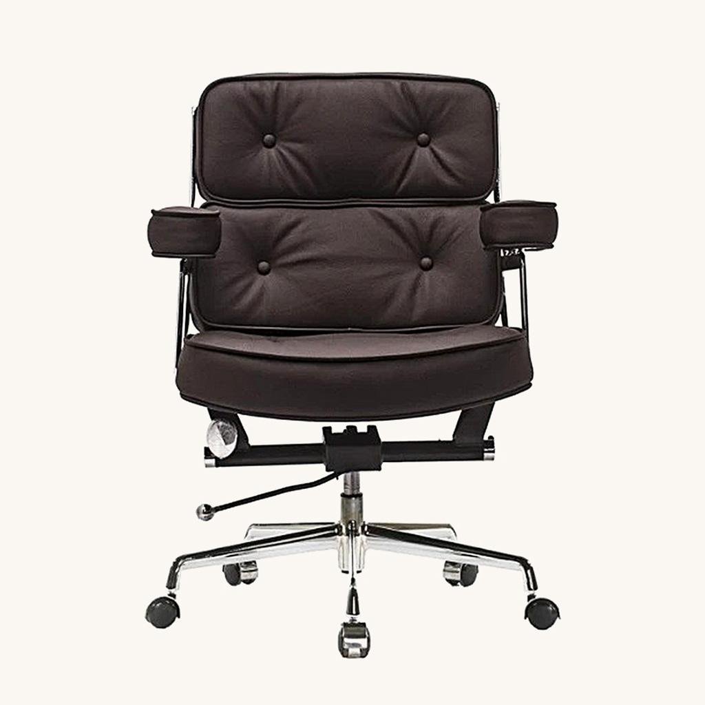 Dark brown Eames ES104 chair with three tufted leather cushions on a chrome base, front view.