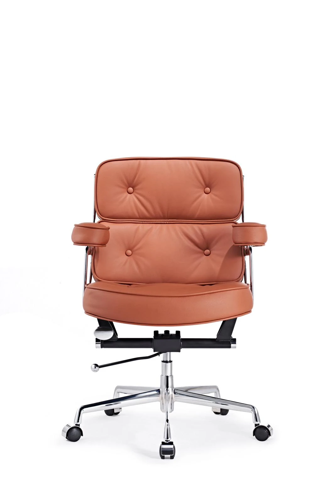 Eames ES104 chair in tan brown at an angle, three-cushion tufted leather on a chrome base.