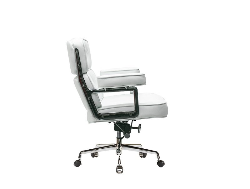 Eames ES104 chair in white seen from the side, three stacked tufted leather cushions.