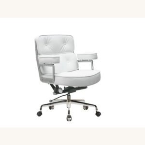 White Eames executive chair with three tufted leather cushions on a chrome base, front view.