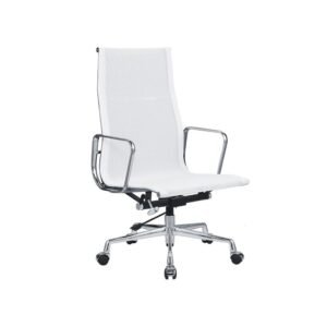 White Eames high back mesh office chair with a tall breathable weave on chrome, front view.