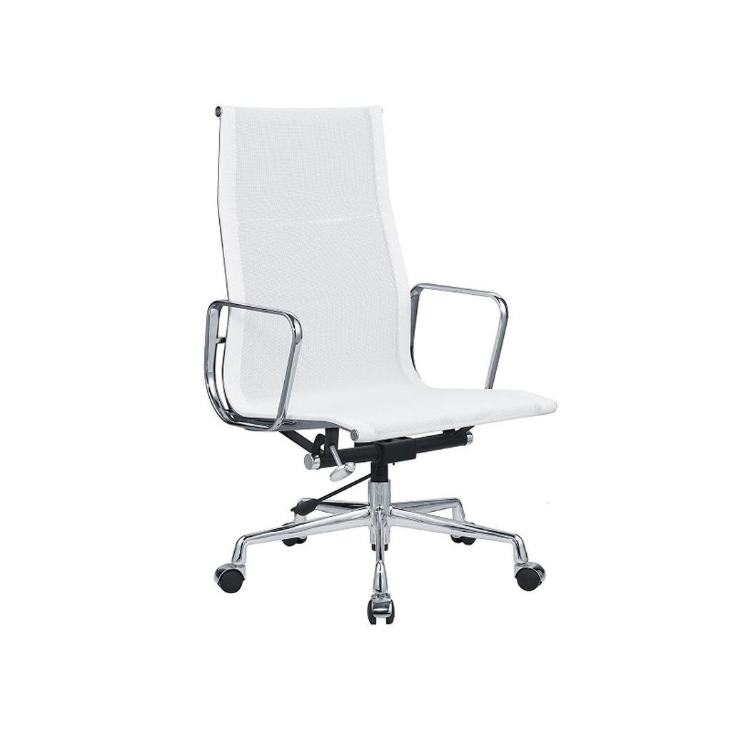 White Eames high back mesh office chair with a tall breathable weave on chrome, front view.