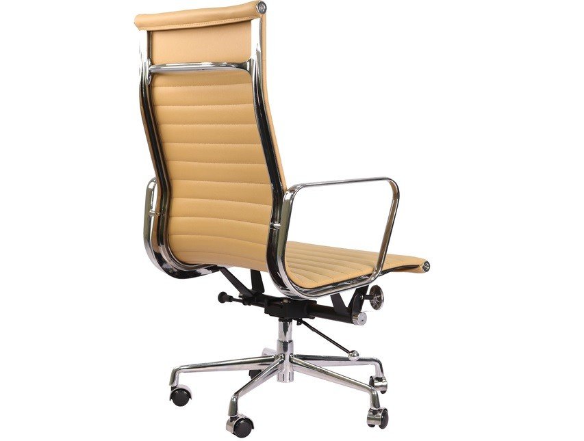 Eames high back office chair in camel seen from the side, tall ribbed leather panels.