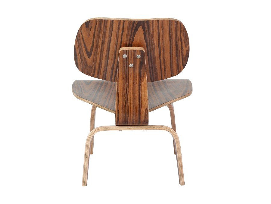 Close-up of the rosewood veneer on an Eames LCW chair replica, deep figured palisander back view.