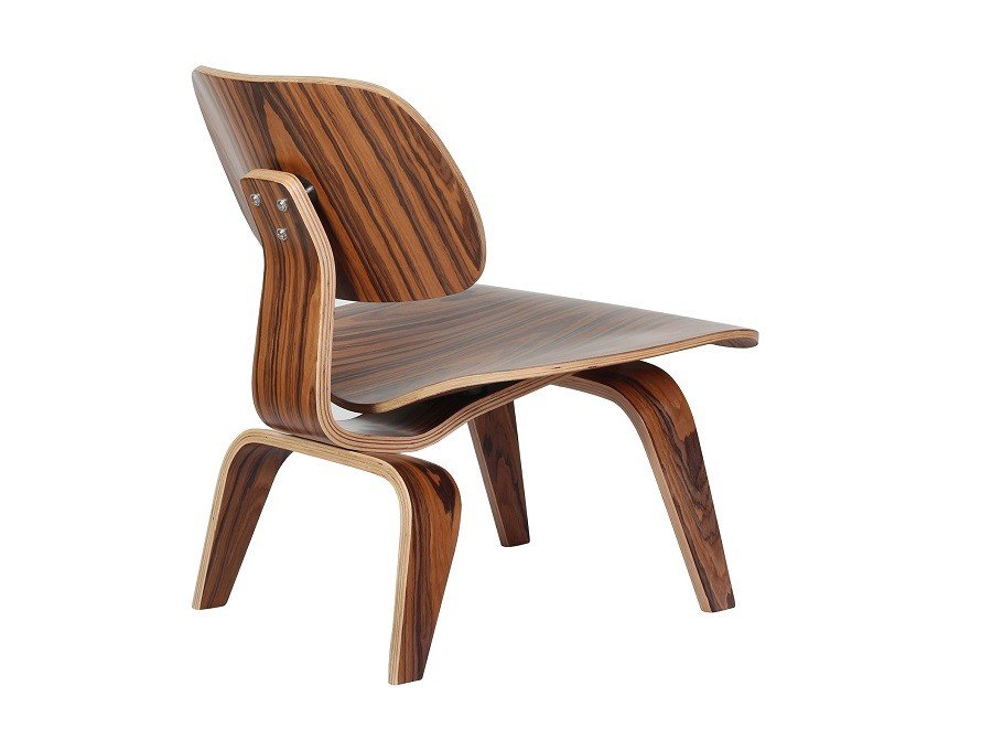 Eames LCW lounge chair replica in rosewood at an angle, sculpted seat and curved back. 2