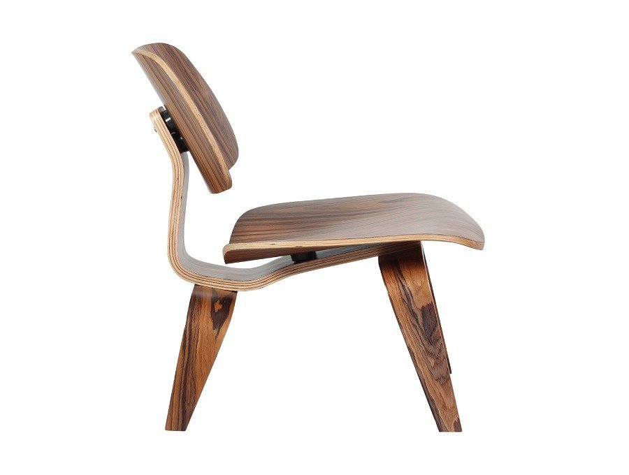 Eames LCW lounge chair replica in rosewood at an angle, sculpted seat and curved back.