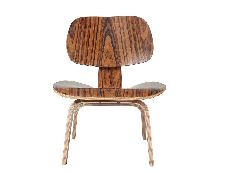 Eames LCW chair replica in rosewood, moulded plywood shell with deep figured veneer, front view. 2