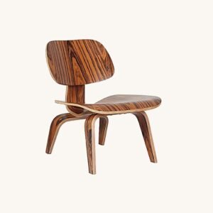 Eames LCW chair replica in rosewood, moulded plywood shell with deep figured veneer, front view.