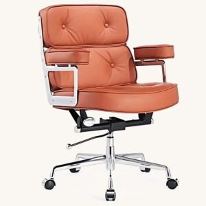 Tan brown Eames lobby office chair with three tufted leather cushions on chrome, front view.