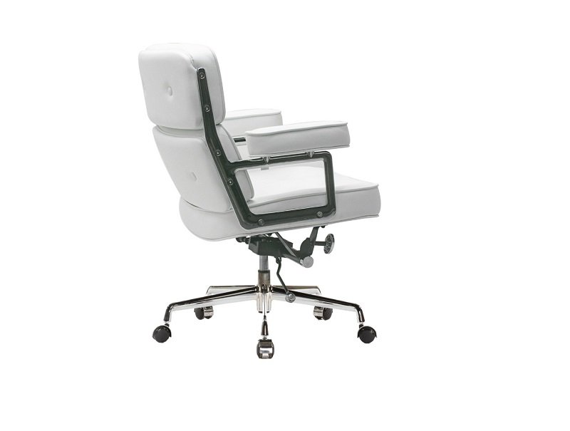 White Eames lobby office chair at an angle, three-cushion tufted leather on chrome.