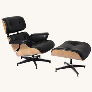 Eames lounge chair in black leather with an ash wood veneer shell and ottoman, front view.