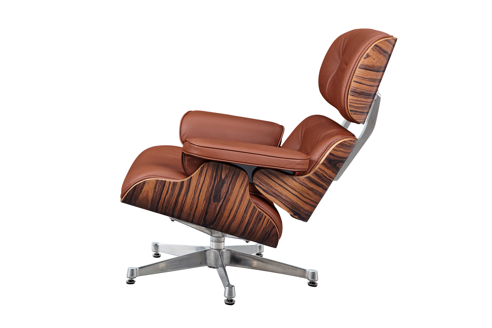 Eames lounge chair in black walnut seen from the side, showing the reclined shell and chrome frame.