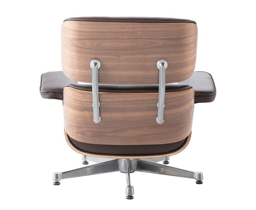 Reproduction brown walnut Eames lounge chair and ottoman back side