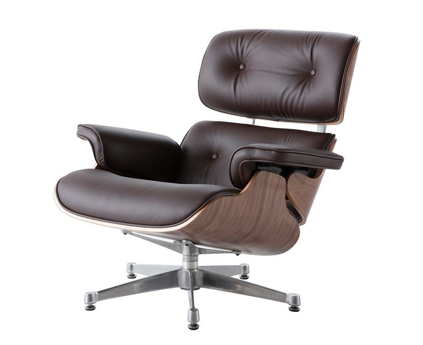 Polished chrome five-star base of a brown walnut Eames lounge chair with a rolling swivel.