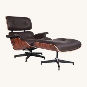 Eames lounge chair in brown leather with a rosewood shell and matching ottoman, front view.