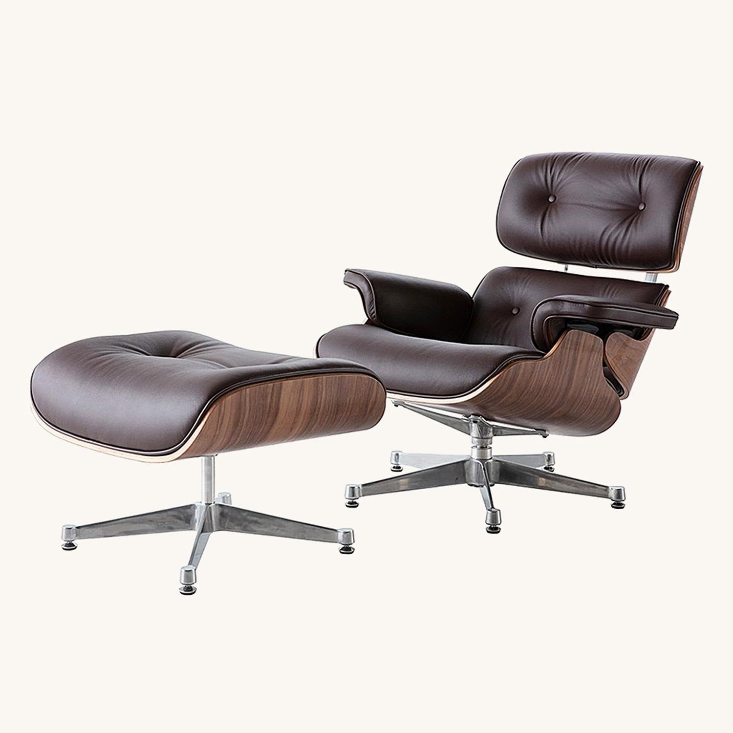 Eames lounge chair brown leather replica with ottoman, chocolate aniline leather, walnut veneer and polished chrome base