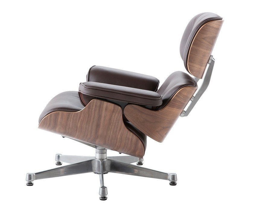 Chocolate brown Eames lounge chair with a chrome base, side view showing the reclined walnut shell.
