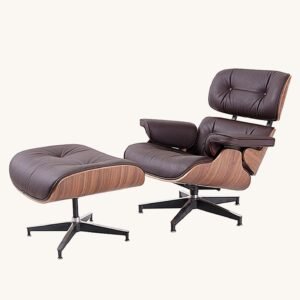 Eames lounge chair in chocolate brown leather with a walnut shell and ottoman, front view.